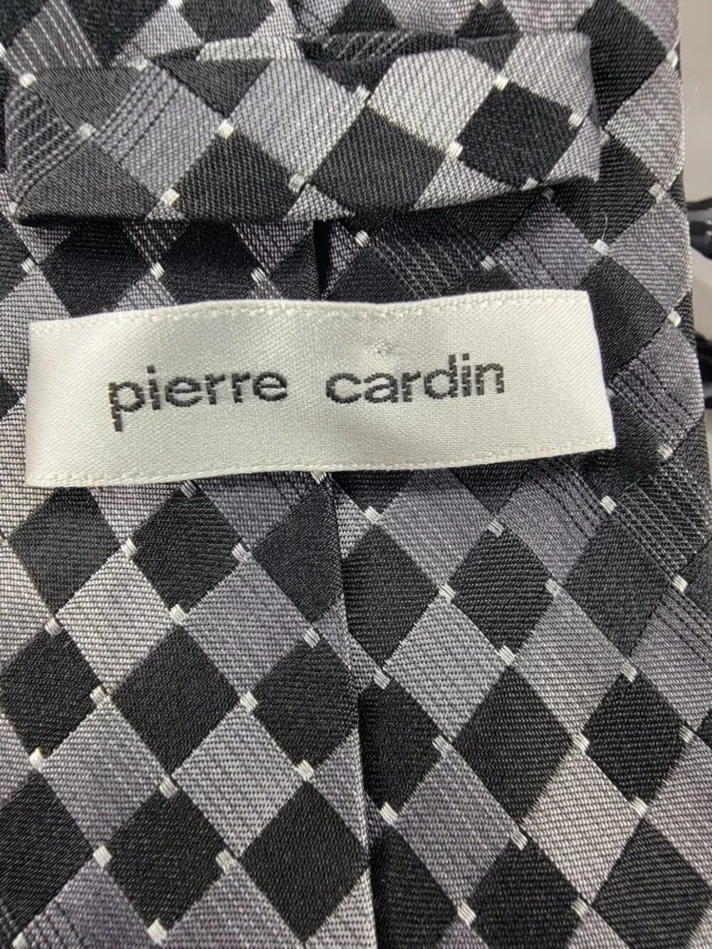 Pierre Cardin Silk Necktie Tie Mens Black Silver Geometric Square Diamond